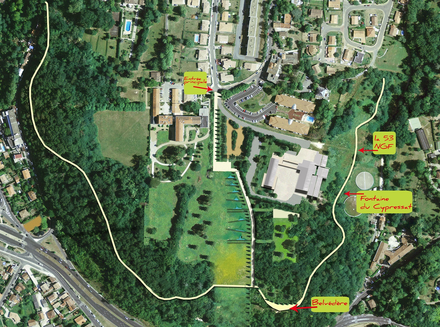 vue aérienne et descriptif du parc du Cypressat