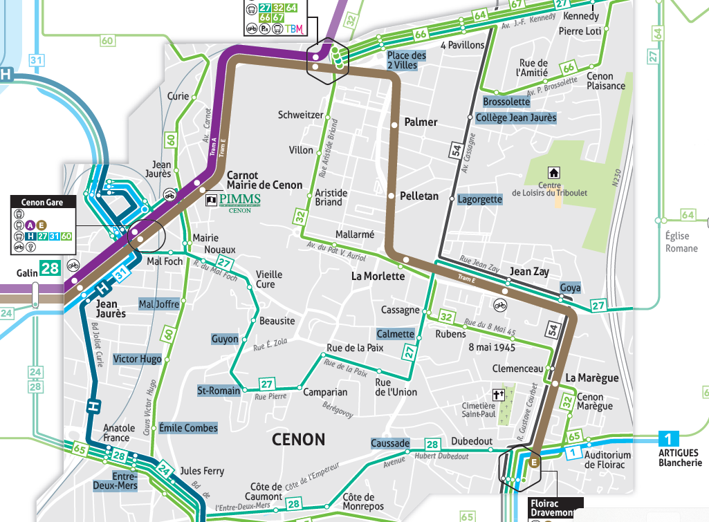 plan des trajets de de bus dans Cenon